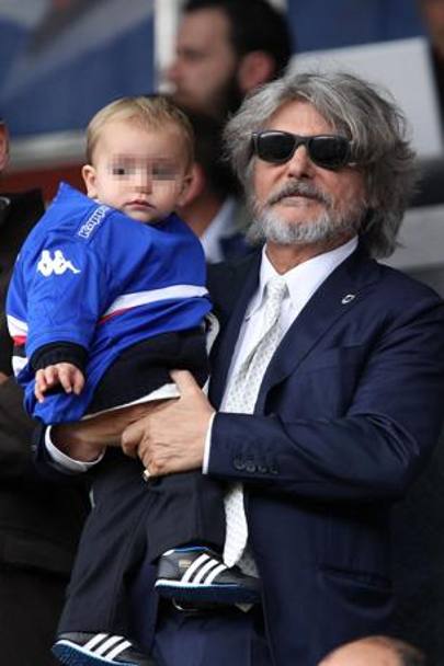 La quiete prima della tempesta: Massimo Ferrero, presidente della Sampdoria, in tribuna con il figlio Rocco. LaPresse